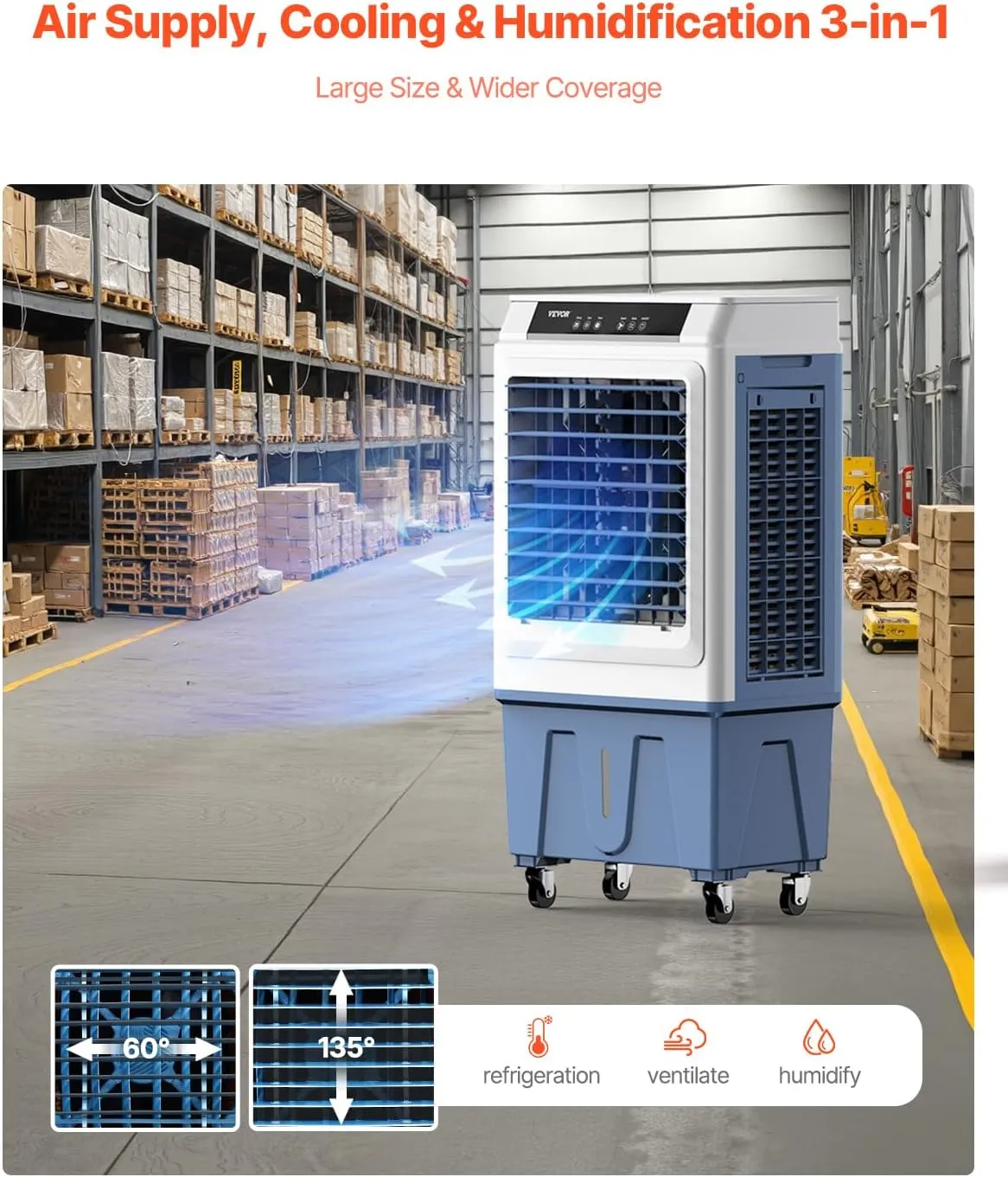 VEVOR Evaporative Air Cooler, 3100 CFM with 9 Gallon Water Tank Swamp Cooler, Portable Cooling Fan with Remote Control, 12H Timer, 4 Ice Boxes, Quiet Operation, 3 Wind Speeds for Outdoor Indoor Use