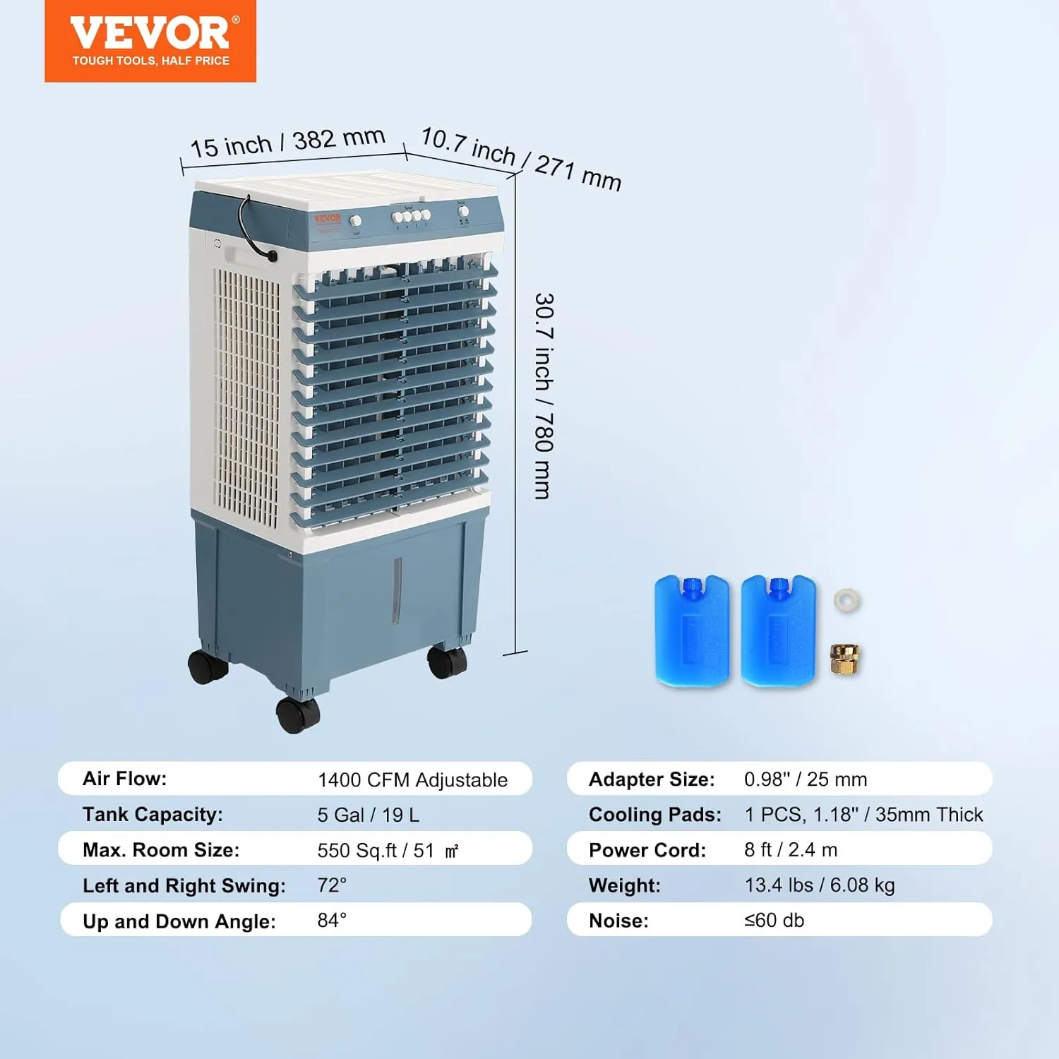 VEVOR Evaporative Air Cooler,100W 1400CFM Swamp Cooler with 5 Gallon Water Tank,Humidifying,3 Modes & Speeds Portable 3-IN-1 Cooling Fan,Energy-Saved Air Cooler for 550 Sq.Ft Indoor or Outdoor