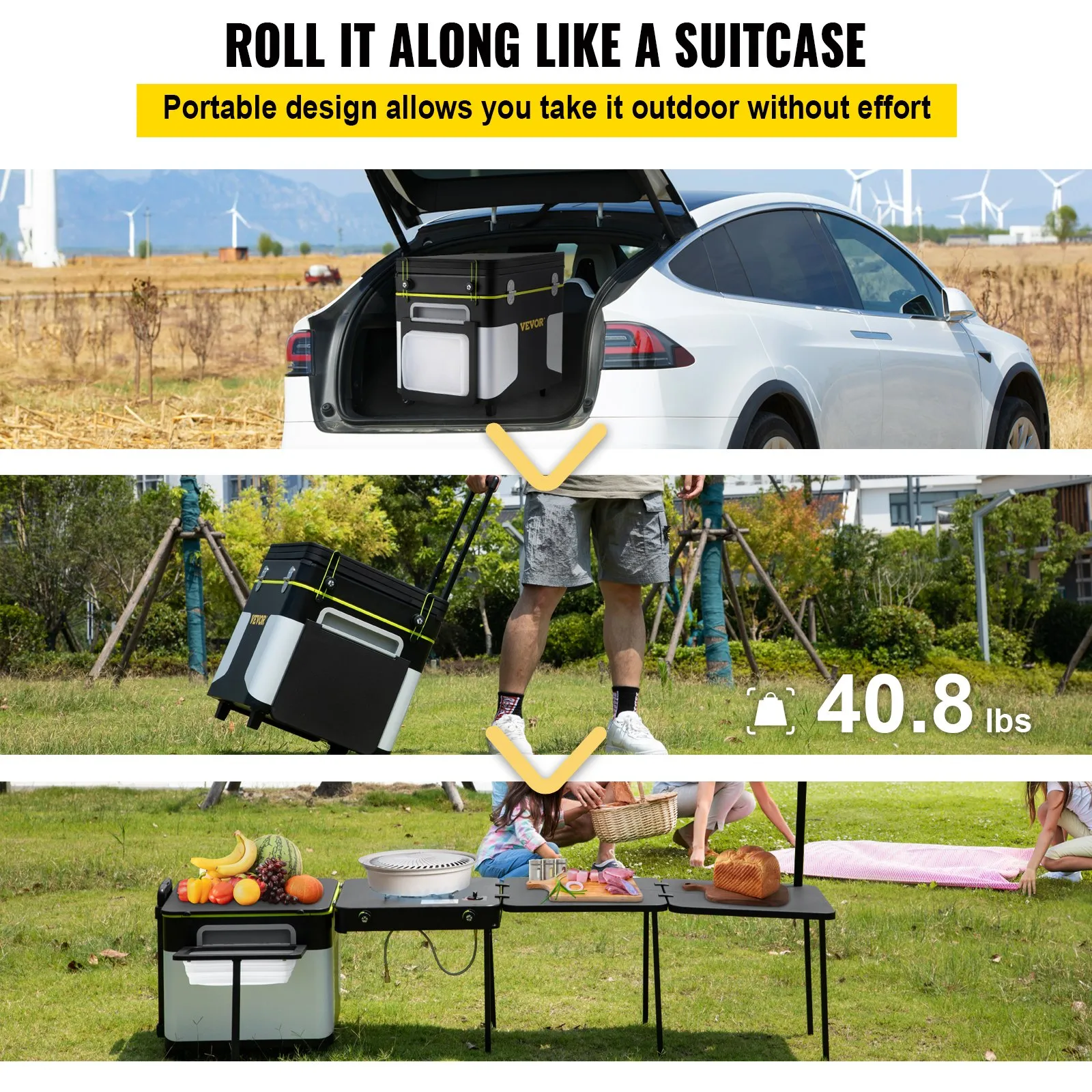 VEVOR Outdoor Mobile Kitchen | Portable Multifunctional Camp Box with Windproof Stove, Folding Tables, and Storage Organizer, Black