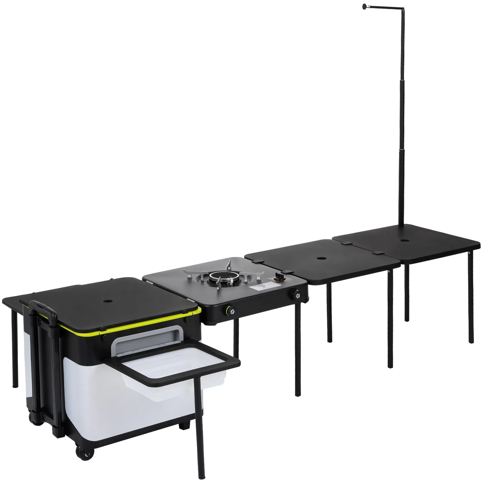 VEVOR Outdoor Mobile Kitchen | Portable Multifunctional Camp Box with Windproof Stove, Folding Tables, and Storage Organizer, Black