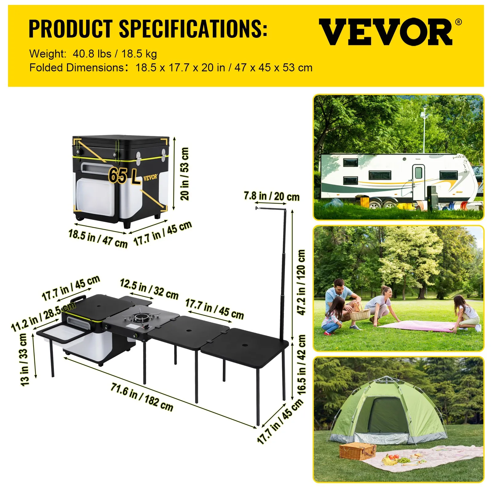 VEVOR Outdoor Mobile Kitchen | Portable Multifunctional Camp Box with Windproof Stove, Folding Tables, and Storage Organizer, Black