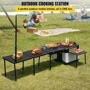 VEVOR Outdoor Mobile Kitchen | Portable Multifunctional Camp Box with Windproof Stove, Folding Tables, and Storage Organizer, Black
