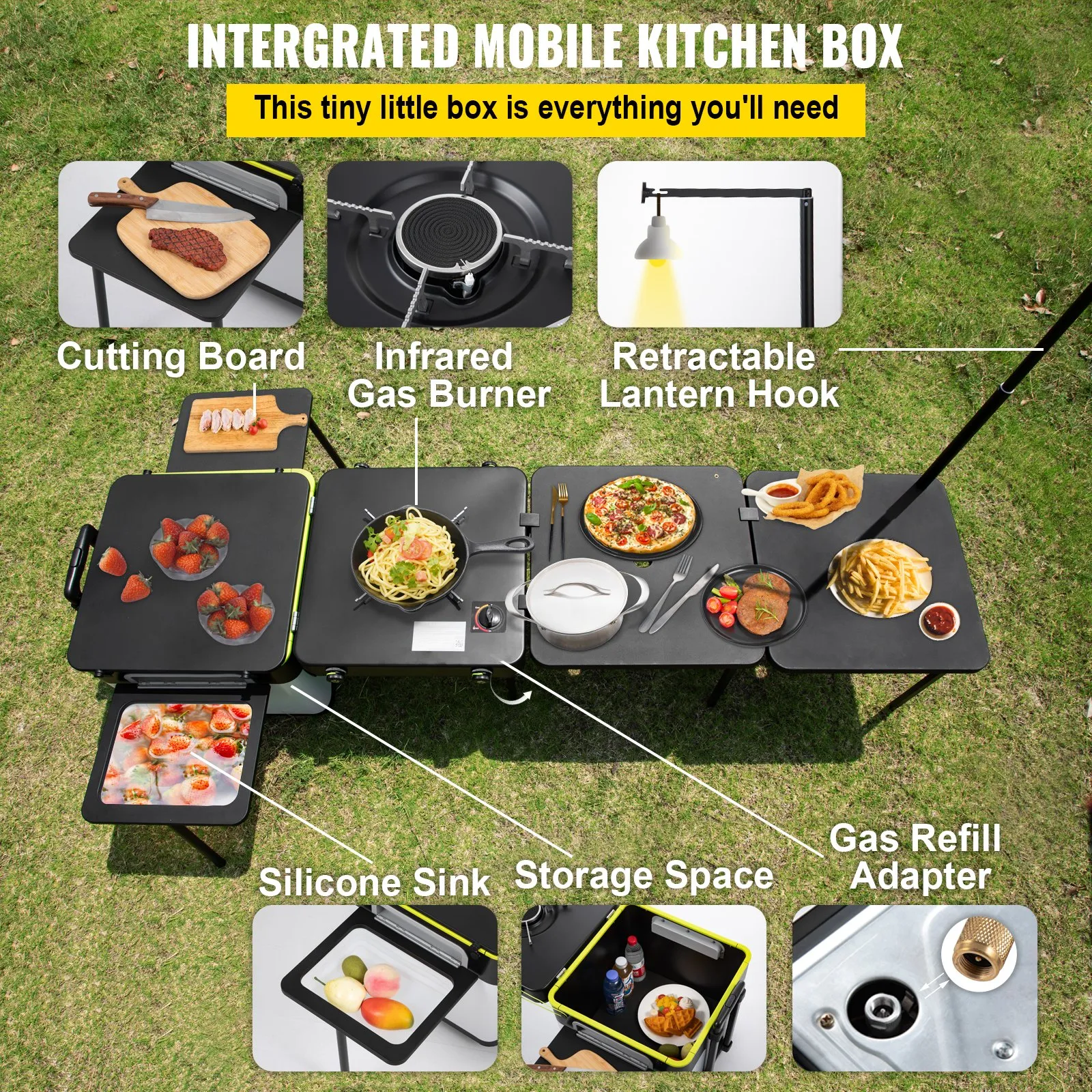 VEVOR Outdoor Mobile Kitchen | Portable Multifunctional Camp Box with Windproof Stove, Folding Tables, and Storage Organizer, Black