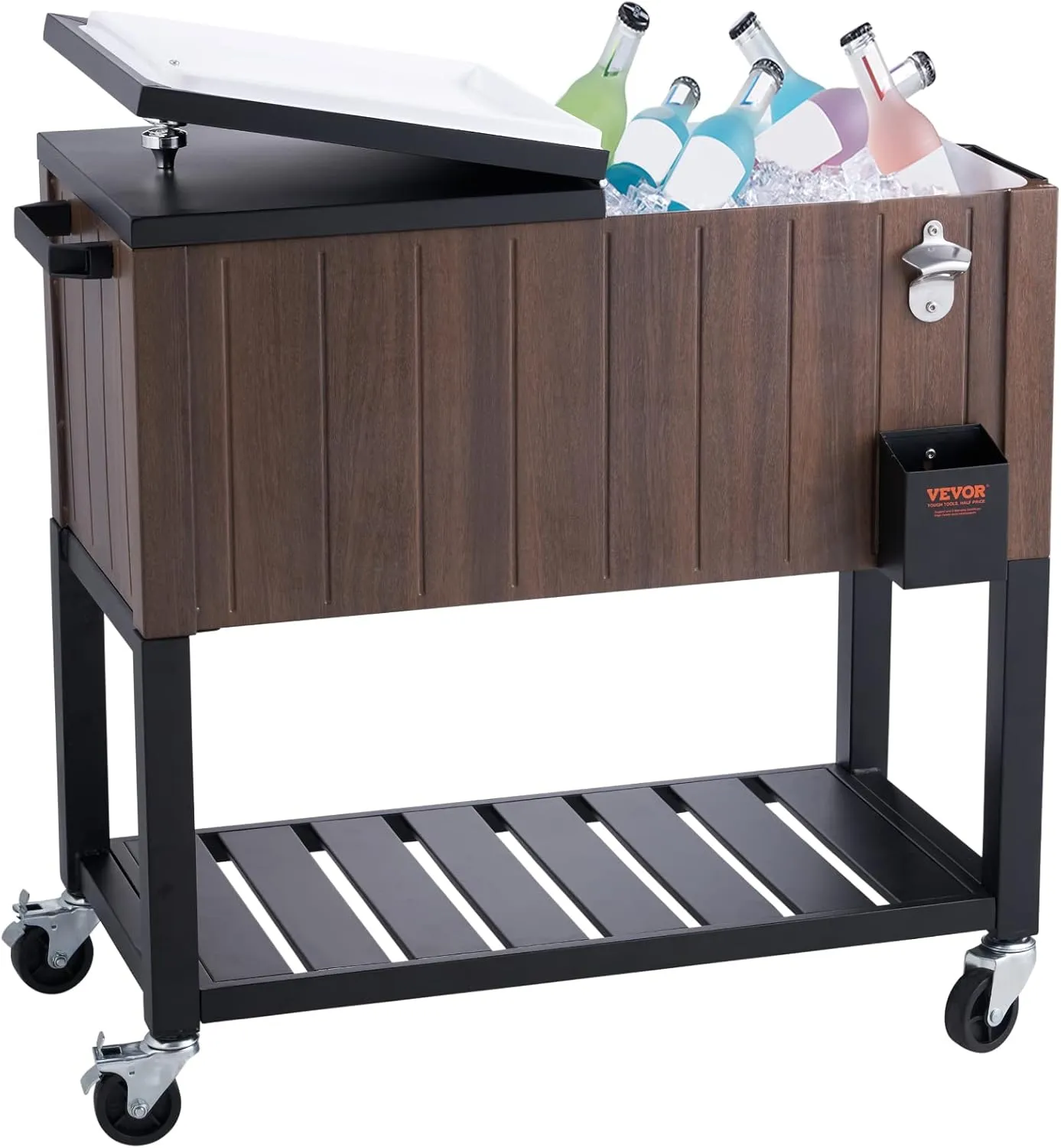 VEVOR Rolling Ice Chest Cooler Cart 80 Quart, Portable Bar Drink Cooler, Beverage Bar Stand Up Cooler with Wheels, Bottle Opener, Handles for Patio Backyard Party Pool, Wooden Teak Accent, Brown