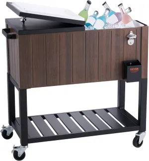 VEVOR Rolling Ice Chest Cooler Cart 80 Quart, Portable Bar Drink Cooler, Beverage Bar Stand Up Cooler with Wheels, Bottle Opener, Handles for Patio Backyard Party Pool, Wooden Teak Accent, Brown