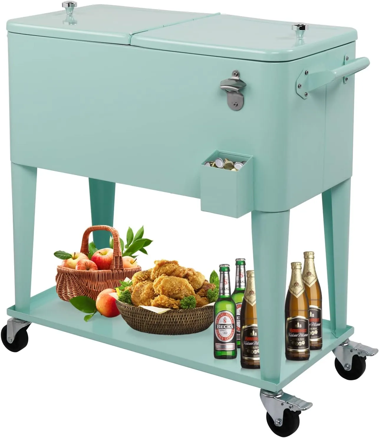 VINGLI 80 Quart Rolling Ice Chest on Wheels, Portable Patio Party Bar Drink Cooler Cart, with Shelf, Beverage Pool with Bottle Opener,Water Pipe