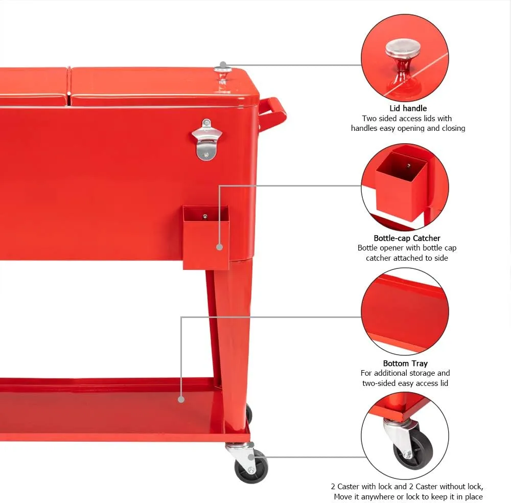 VINGLI 80 Quart Rolling Ice Chest on Wheels, Portable Patio Party Bar Drink Cooler Cart, with Shelf, Beverage Pool with Bottle Opener,Water Pipe