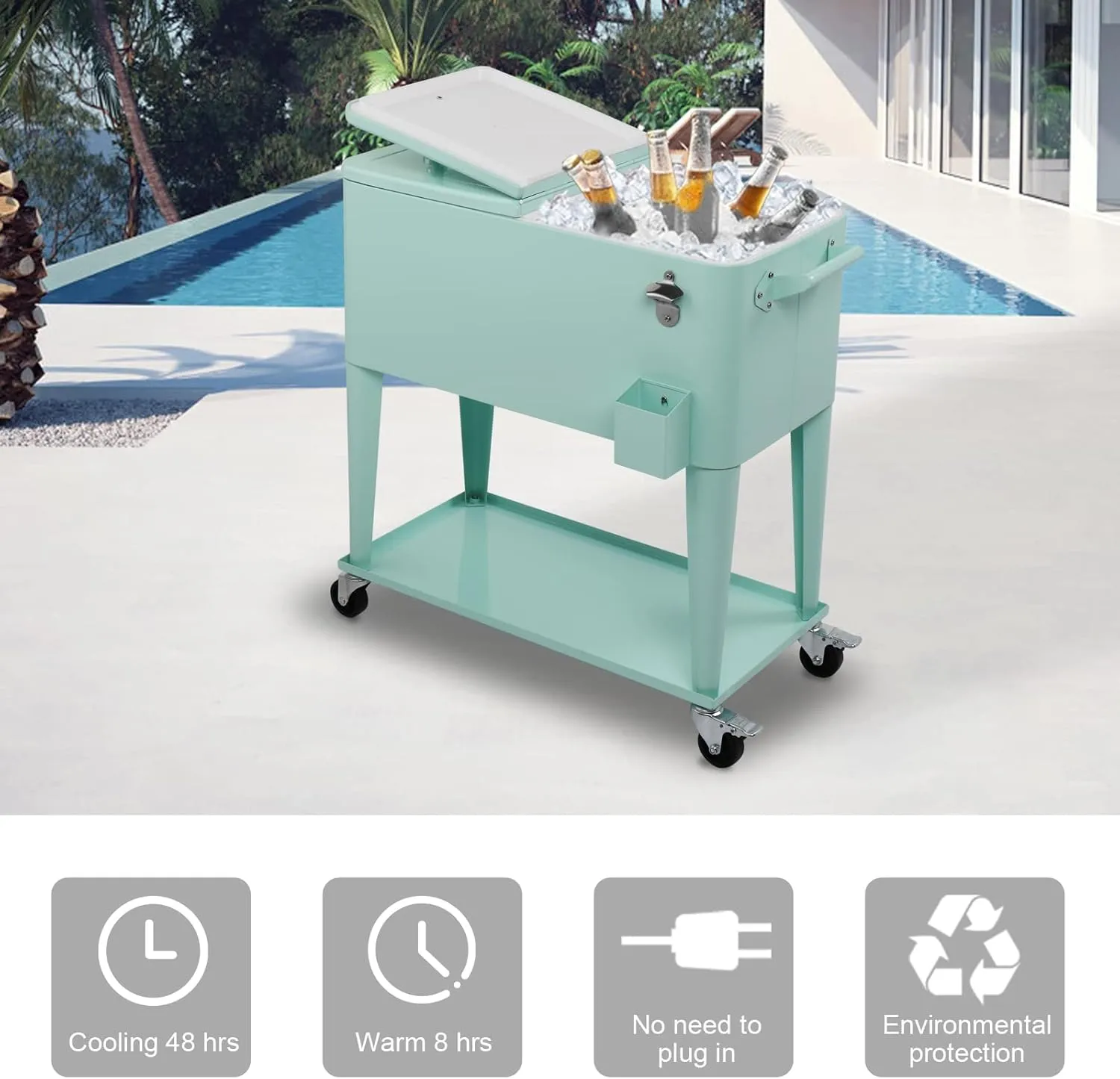 VINGLI 80 Quart Rolling Ice Chest on Wheels, Portable Patio Party Bar Drink Cooler Cart, with Shelf, Beverage Pool with Bottle Opener,Water Pipe