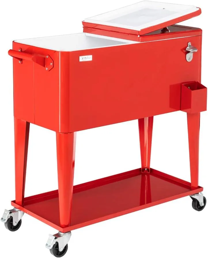 VINGLI 80 Quart Rolling Ice Chest on Wheels, Portable Patio Party Bar Drink Cooler Cart, with Shelf, Beverage Pool with Bottle Opener,Water Pipe