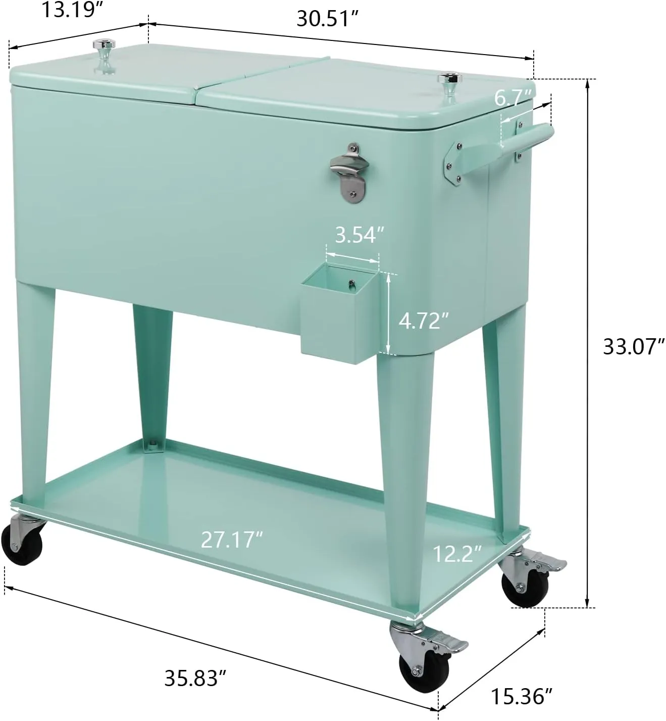 VINGLI 80 Quart Rolling Ice Chest on Wheels, Portable Patio Party Bar Drink Cooler Cart, with Shelf, Beverage Pool with Bottle Opener,Water Pipe