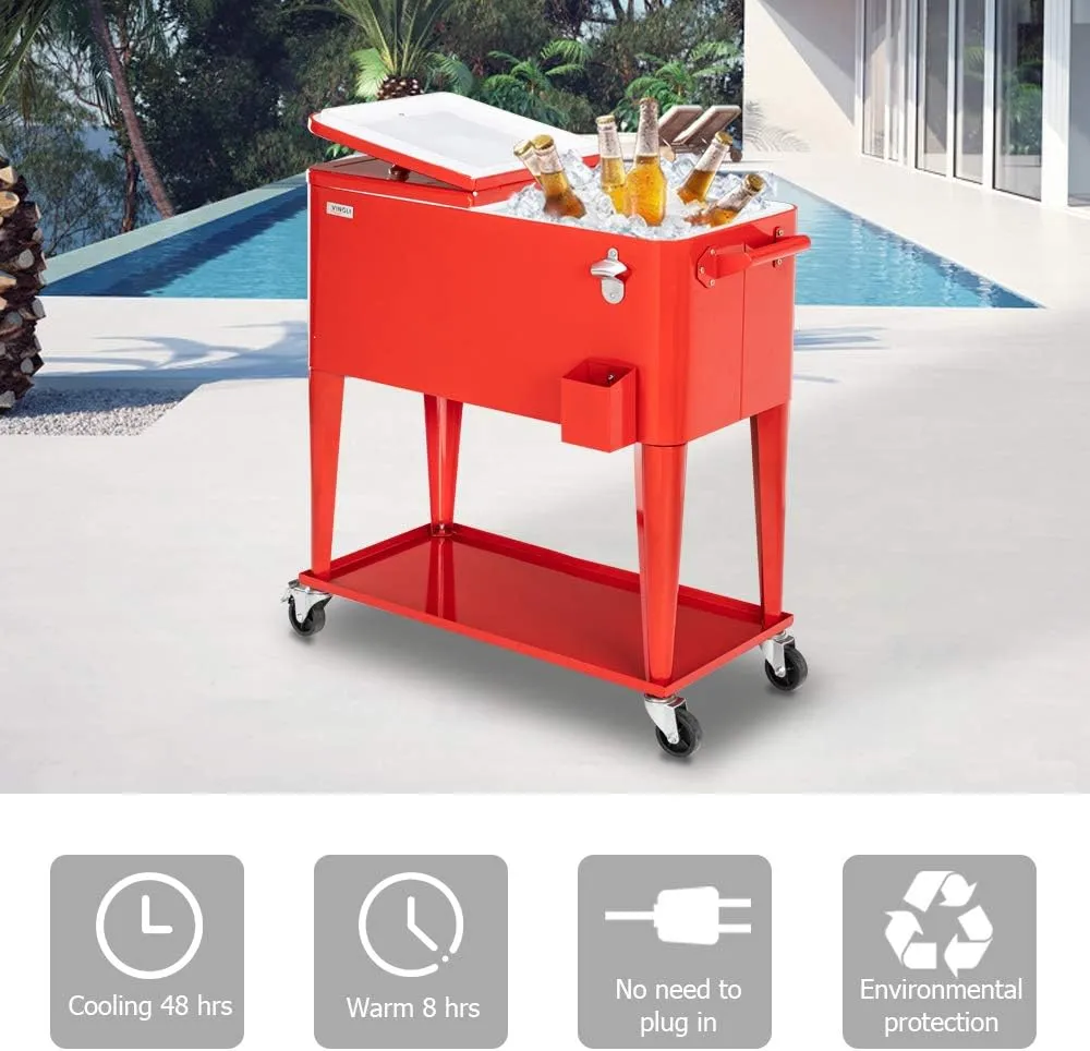 VINGLI 80 Quart Rolling Ice Chest on Wheels, Portable Patio Party Bar Drink Cooler Cart, with Shelf, Beverage Pool with Bottle Opener,Water Pipe