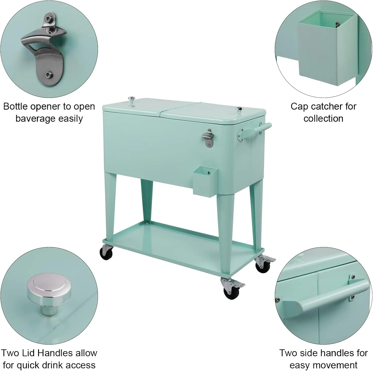 VINGLI 80 Quart Rolling Ice Chest on Wheels, Portable Patio Party Bar Drink Cooler Cart, with Shelf, Beverage Pool with Bottle Opener,Water Pipe