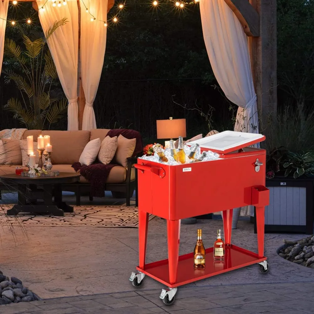 VINGLI 80 Quart Rolling Ice Chest on Wheels, Portable Patio Party Bar Drink Cooler Cart, with Shelf, Beverage Pool with Bottle Opener,Water Pipe