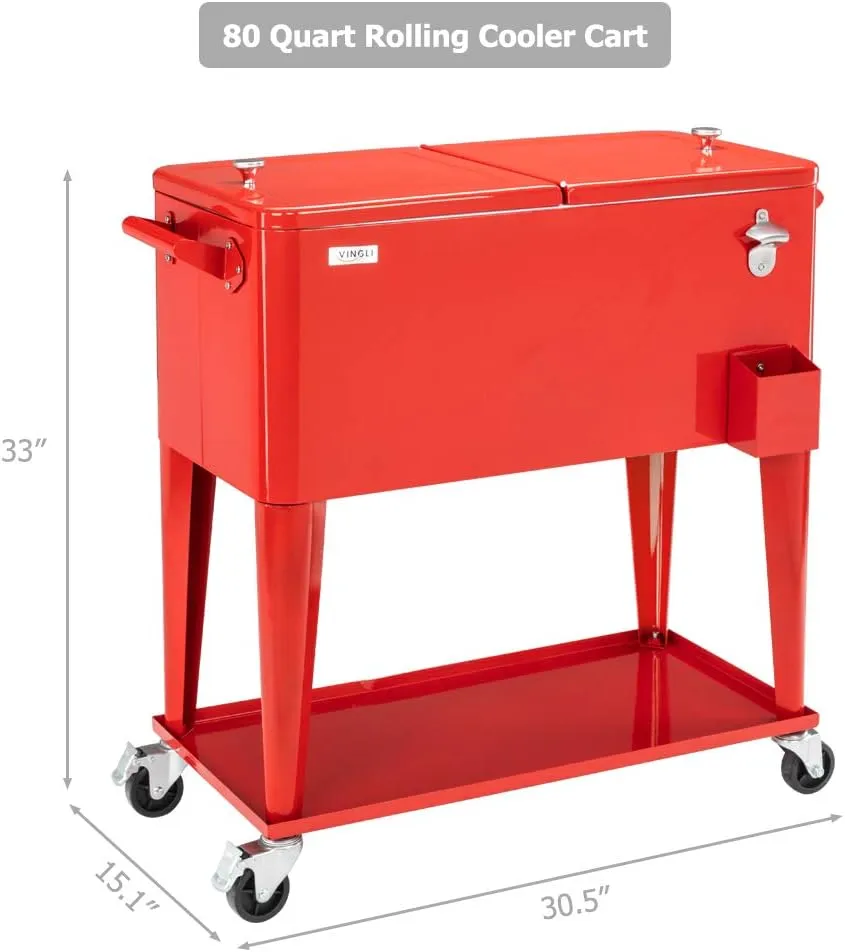 VINGLI 80 Quart Rolling Ice Chest on Wheels, Portable Patio Party Bar Drink Cooler Cart, with Shelf, Beverage Pool with Bottle Opener,Water Pipe