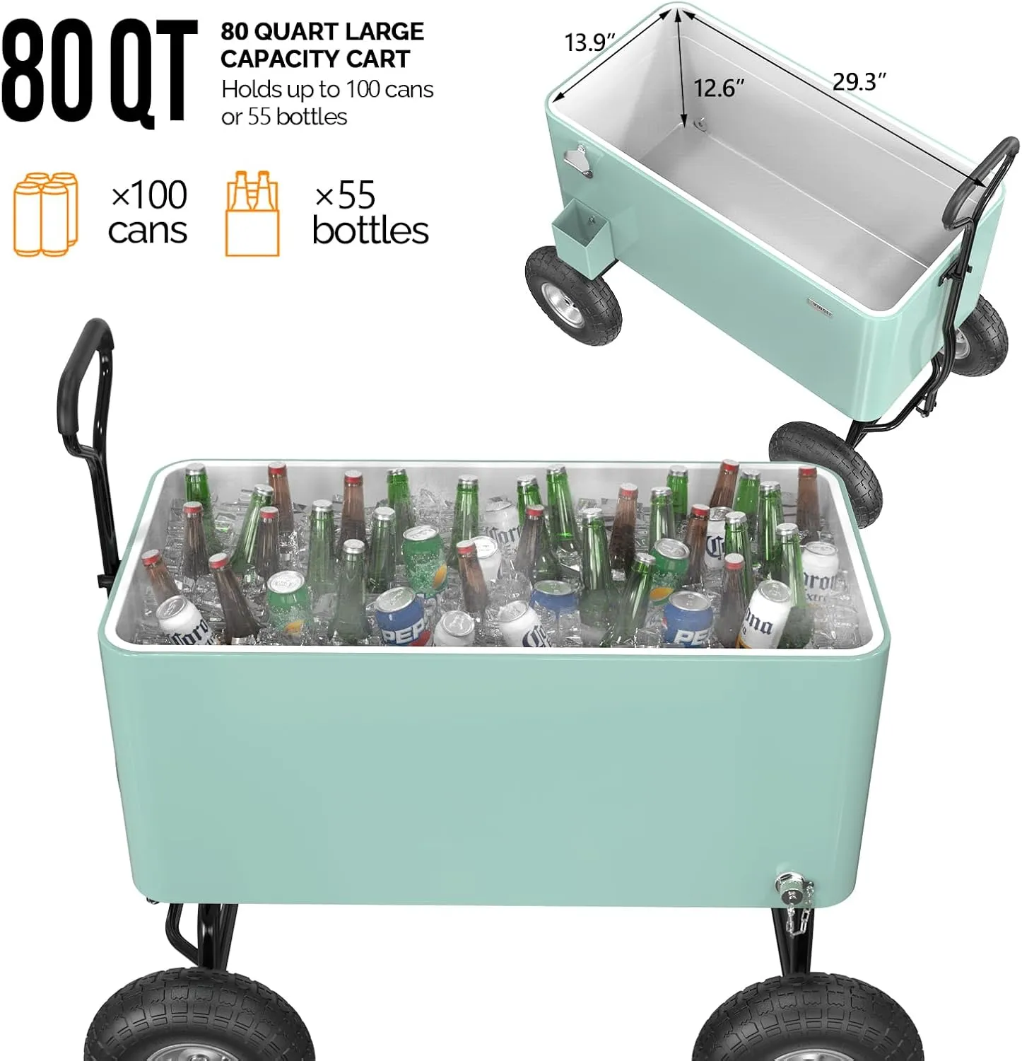 VINGLI 80 Quart Wagon Rolling Cooler Ice Chest, w/Long Handle and 10" Wheels, Portable Beach Patio Party Bar Cold Drink Beverage, Outdoor Park Cart on Wheels