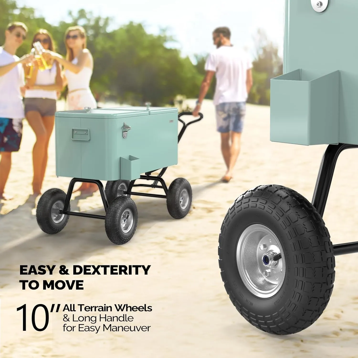 VINGLI 80 Quart Wagon Rolling Cooler Ice Chest, w/Long Handle and 10" Wheels, Portable Beach Patio Party Bar Cold Drink Beverage, Outdoor Park Cart on Wheels
