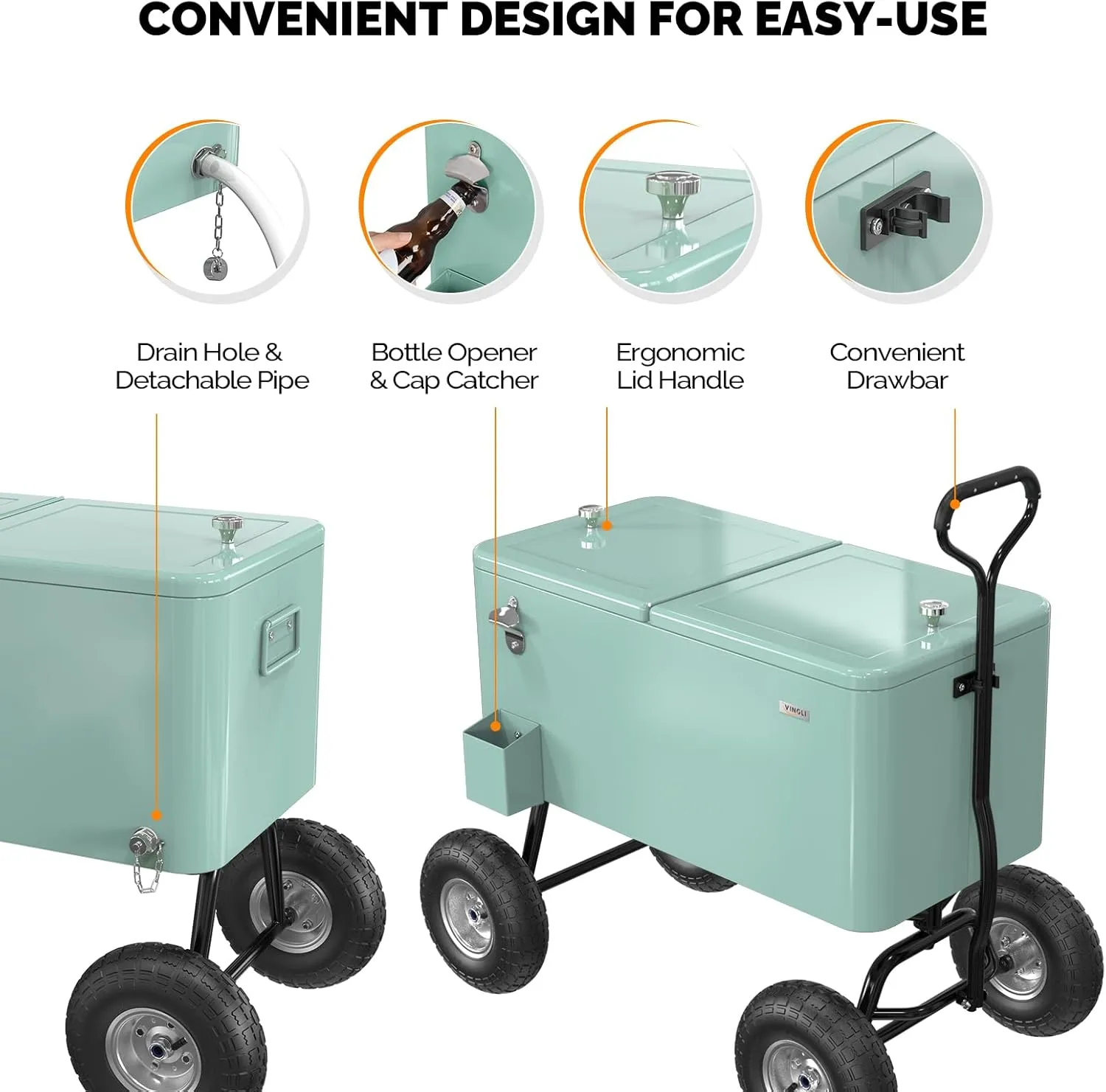 VINGLI 80 Quart Wagon Rolling Cooler Ice Chest, w/Long Handle and 10" Wheels, Portable Beach Patio Party Bar Cold Drink Beverage, Outdoor Park Cart on Wheels