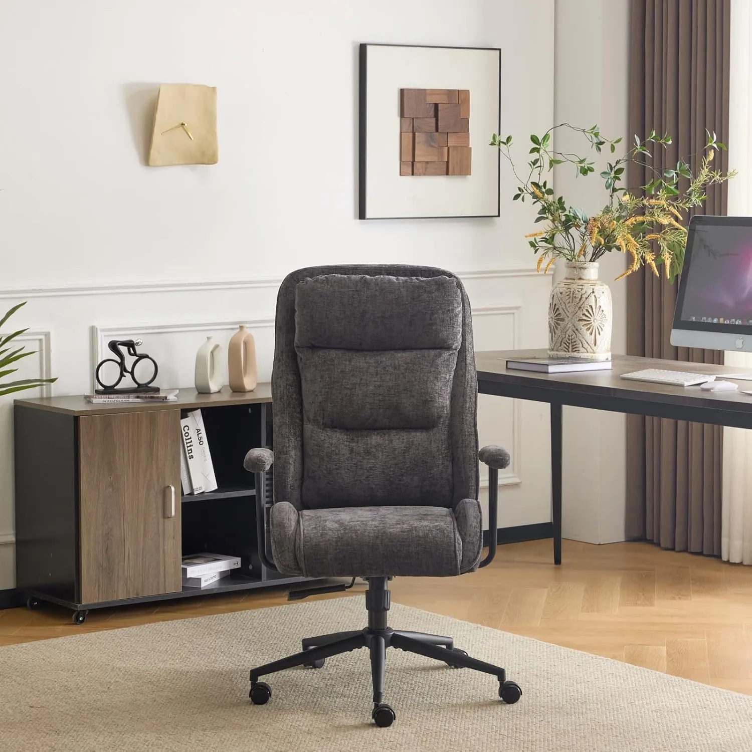VINGLI Chenille Executive Ergonomic Office Chair with 100-130° Reclining, High-Back Desk Chair with Adjustable Base & Headrest Support & Wheels, Comfy Chair for Gaming, Computer, Home Office,Dark Gray