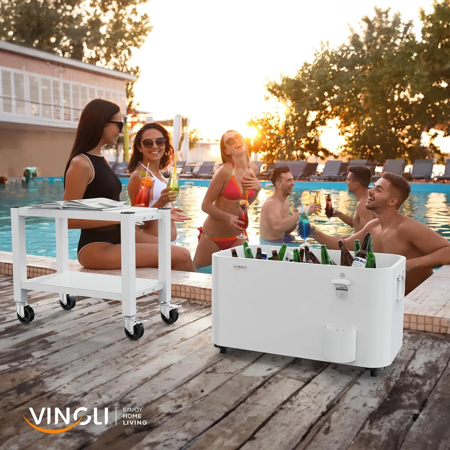 VINGLI Patio Cooler, Rolling Ice Chest on Wheels, Portable Patio Party Bar Drink Cooler Cart, with Shelf, Beverage Pool with Bottle Opener,Water Pipe