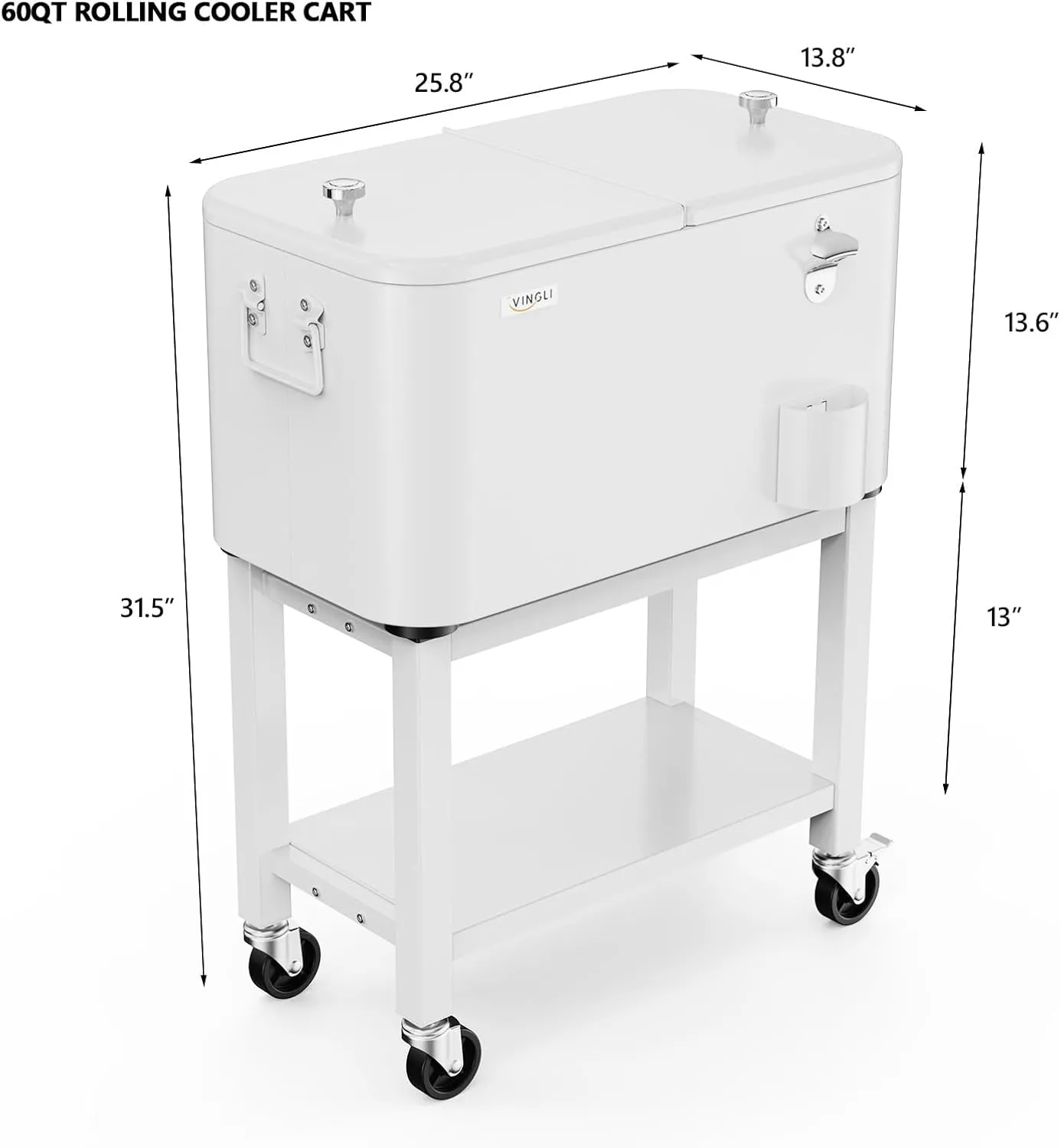 VINGLI Patio Cooler, Rolling Ice Chest on Wheels, Portable Patio Party Bar Drink Cooler Cart, with Shelf, Beverage Pool with Bottle Opener,Water Pipe