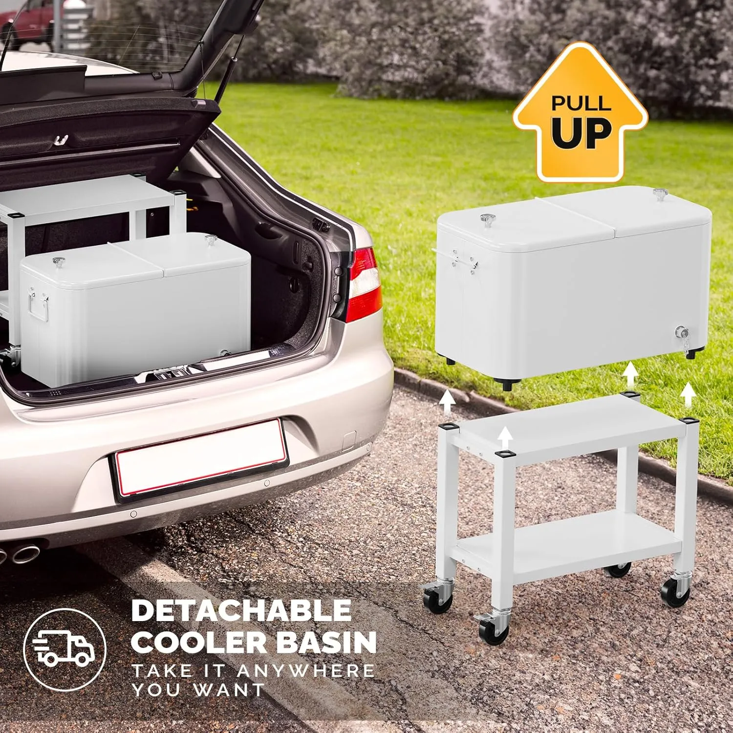 VINGLI Patio Cooler, Rolling Ice Chest on Wheels, Portable Patio Party Bar Drink Cooler Cart, with Shelf, Beverage Pool with Bottle Opener,Water Pipe