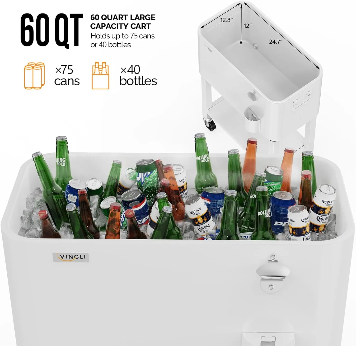 VINGLI Patio Cooler, Rolling Ice Chest on Wheels, Portable Patio Party Bar Drink Cooler Cart, with Shelf, Beverage Pool with Bottle Opener,Water Pipe