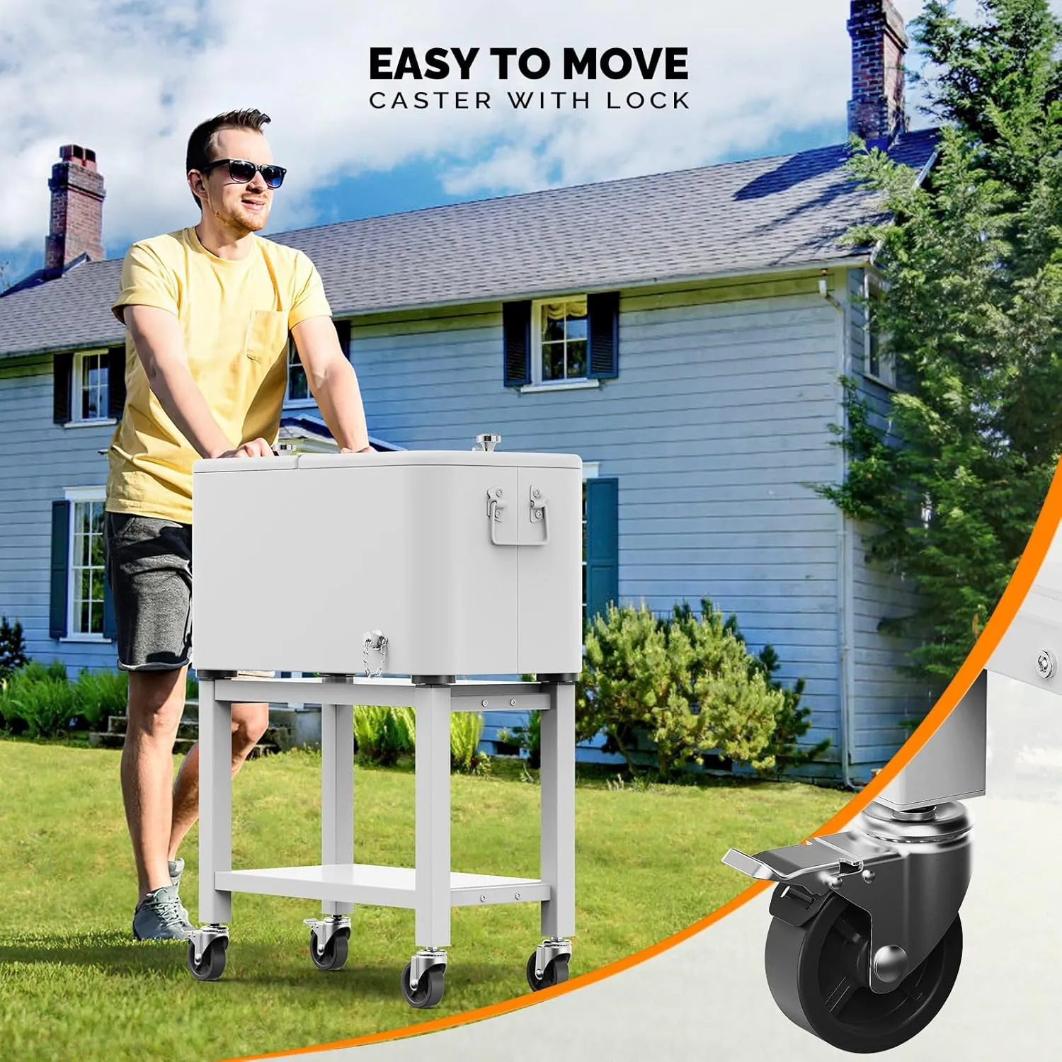 VINGLI Patio Cooler, Rolling Ice Chest on Wheels, Portable Patio Party Bar Drink Cooler Cart, with Shelf, Beverage Pool with Bottle Opener,Water Pipe
