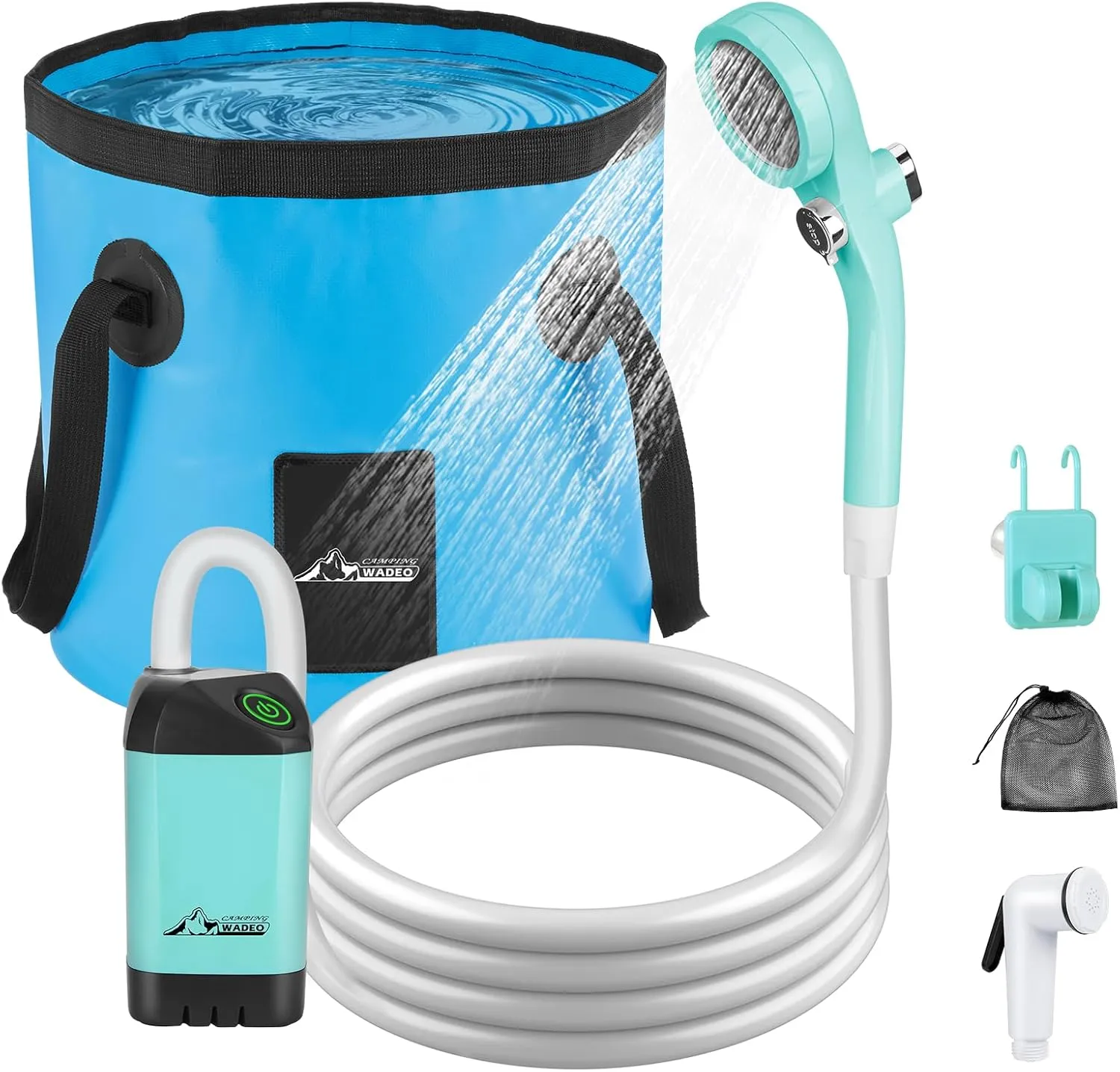 WADEO Portable Shower for Camping, Outdoor Electric Shower Rechargeable Pump with 20L Collapsible Bucket, Camping Shower Head Nozzle for Camping, Hiking, Traveling, Washing
