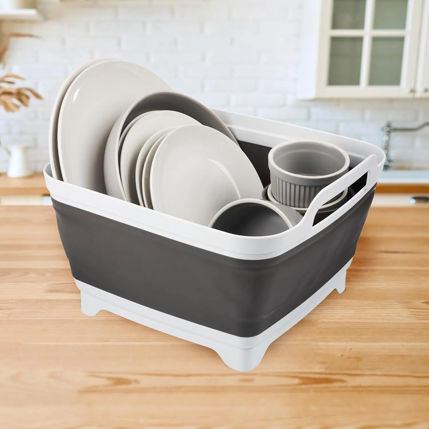Wakeman Collapsible Wash Basin - 9L Portable Sink with Drain - Plastic Tub Dish Pan for Camping, Handwashing Laundry, or Dishes Outdoors (Gray)
