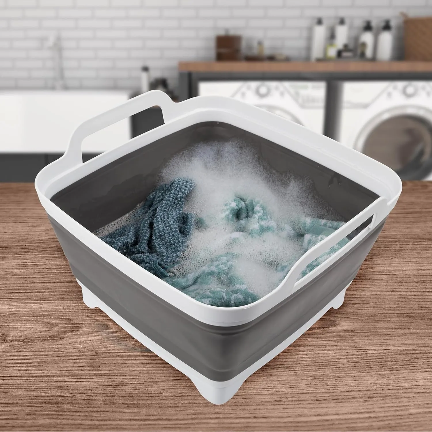 Wakeman Collapsible Wash Basin - 9L Portable Sink with Drain - Plastic Tub Dish Pan for Camping, Handwashing Laundry, or Dishes Outdoors (Gray)