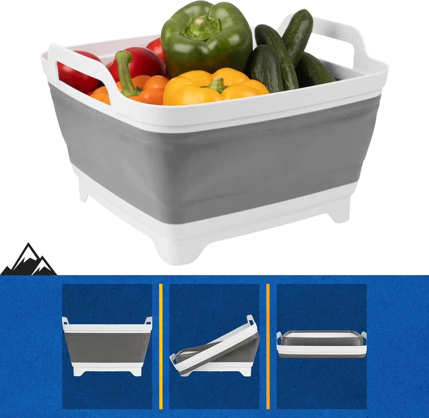 Wakeman Collapsible Wash Basin - 9L Portable Sink with Drain - Plastic Tub Dish Pan for Camping, Handwashing Laundry, or Dishes Outdoors (Gray)