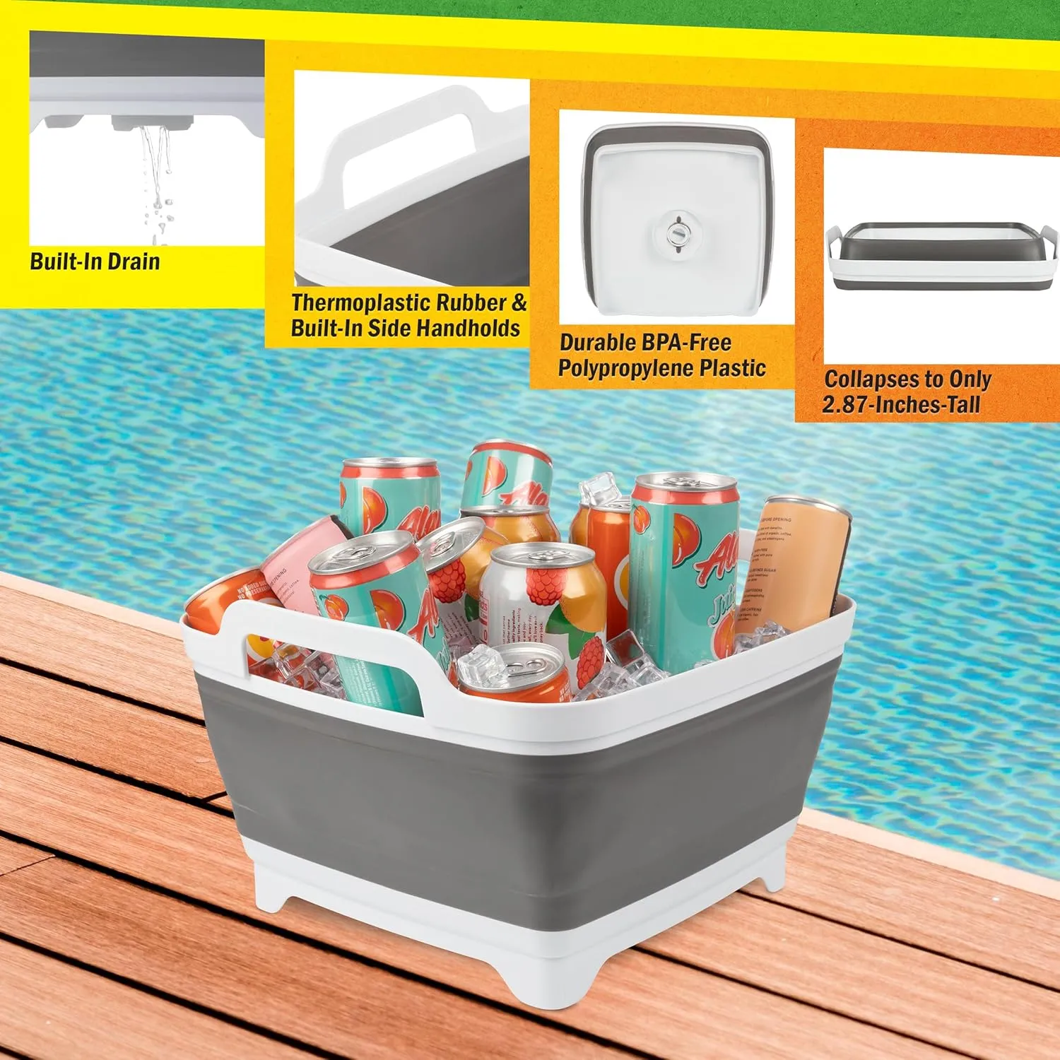 Wakeman Collapsible Wash Basin - 9L Portable Sink with Drain - Plastic Tub Dish Pan for Camping, Handwashing Laundry, or Dishes Outdoors (Gray)