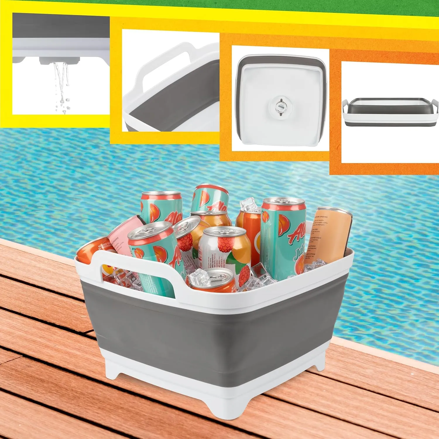 Wakeman Collapsible Wash Basin - 9L Portable Sink with Drain - Plastic Tub Dish Pan for Camping, Handwashing Laundry, or Dishes Outdoors (Gray)