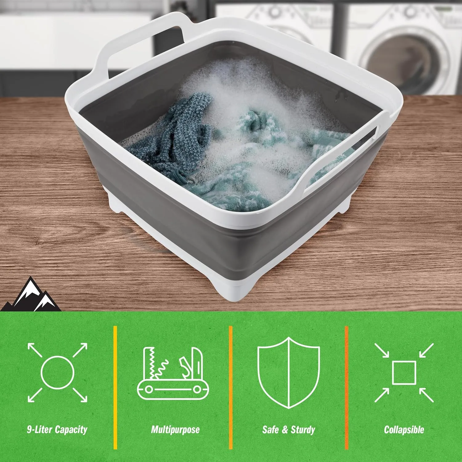 Wakeman Collapsible Wash Basin - 9L Portable Sink with Drain - Plastic Tub Dish Pan for Camping, Handwashing Laundry, or Dishes Outdoors (Gray)
