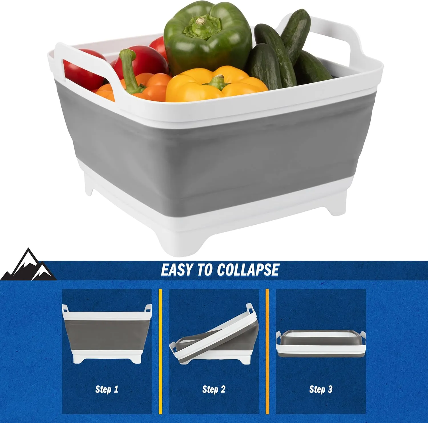 Wakeman Collapsible Wash Basin - 9L Portable Sink with Drain - Plastic Tub Dish Pan for Camping, Handwashing Laundry, or Dishes Outdoors (Gray)