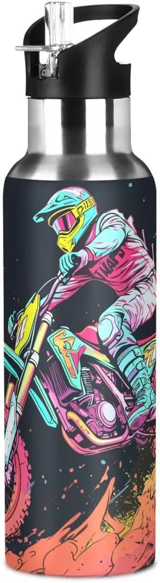 Water Bottle with Straw, Motocross Motorcycle Race Lid Kids Insulated Stainless Steel Water Flask Sports, 20 Oz Hot Cold