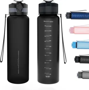 Water Bottles 1L BPA Free Sport Drinking Bottle,Leak Proof,Durable Water Bottle with Filter,Non-Toxic Canteen Bottle(Black, Pink, Grey, Light Blue, Dark Blue) (Black)