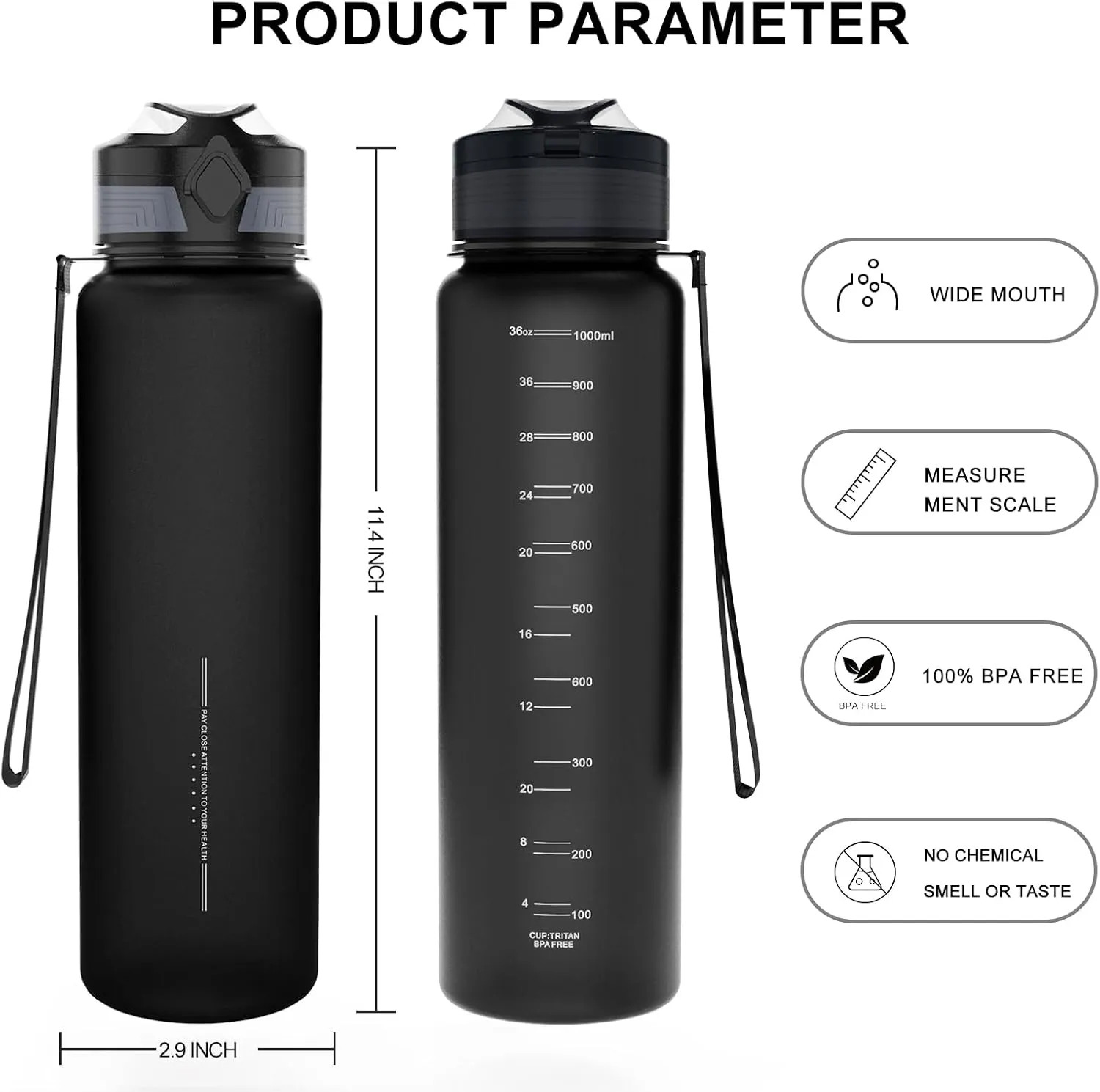 Water Bottles 1L BPA Free Sport Drinking Bottle,Leak Proof,Durable Water Bottle with Filter,Non-Toxic Canteen Bottle(Black, Pink, Grey, Light Blue, Dark Blue) (Black)