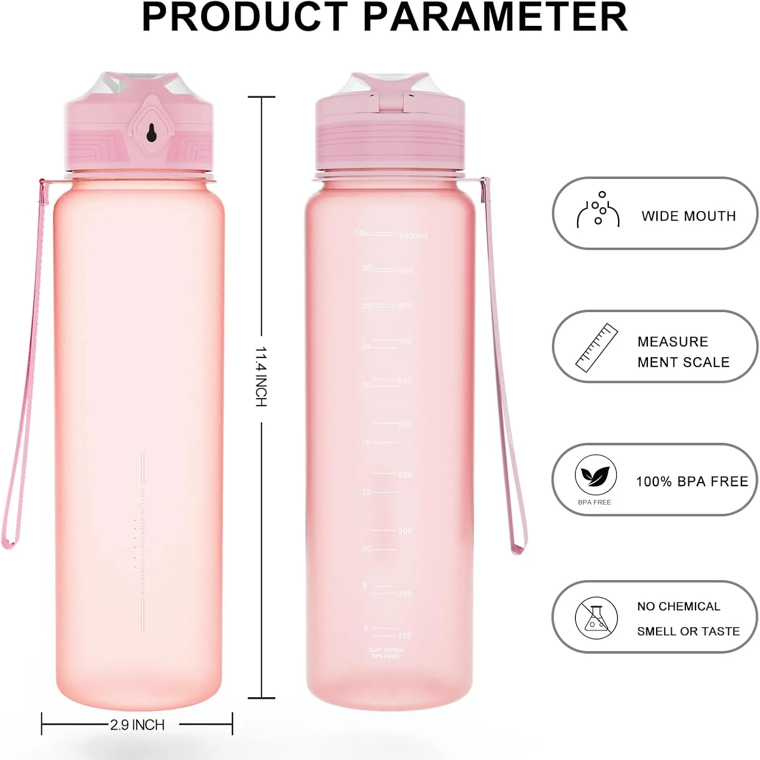 Water Bottles 1L BPA Free Sport Drinking Bottle,Leak Proof,Durable Water Bottle with Filter,Non-Toxic Canteen Bottle(Black, Pink, Grey, Light Blue, Dark Blue) (Pink)