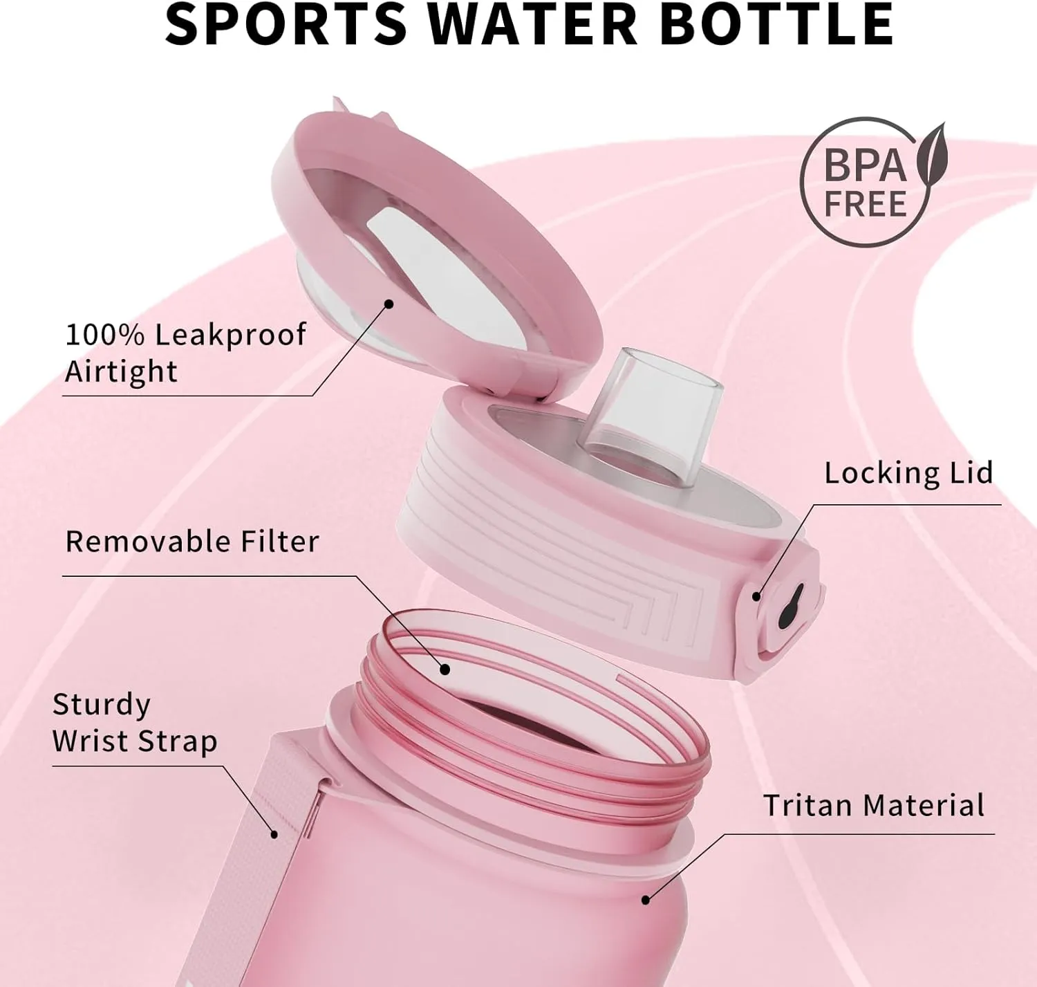 Water Bottles 1L BPA Free Sport Drinking Bottle,Leak Proof,Durable Water Bottle with Filter,Non-Toxic Canteen Bottle(Black, Pink, Grey, Light Blue, Dark Blue) (Pink)