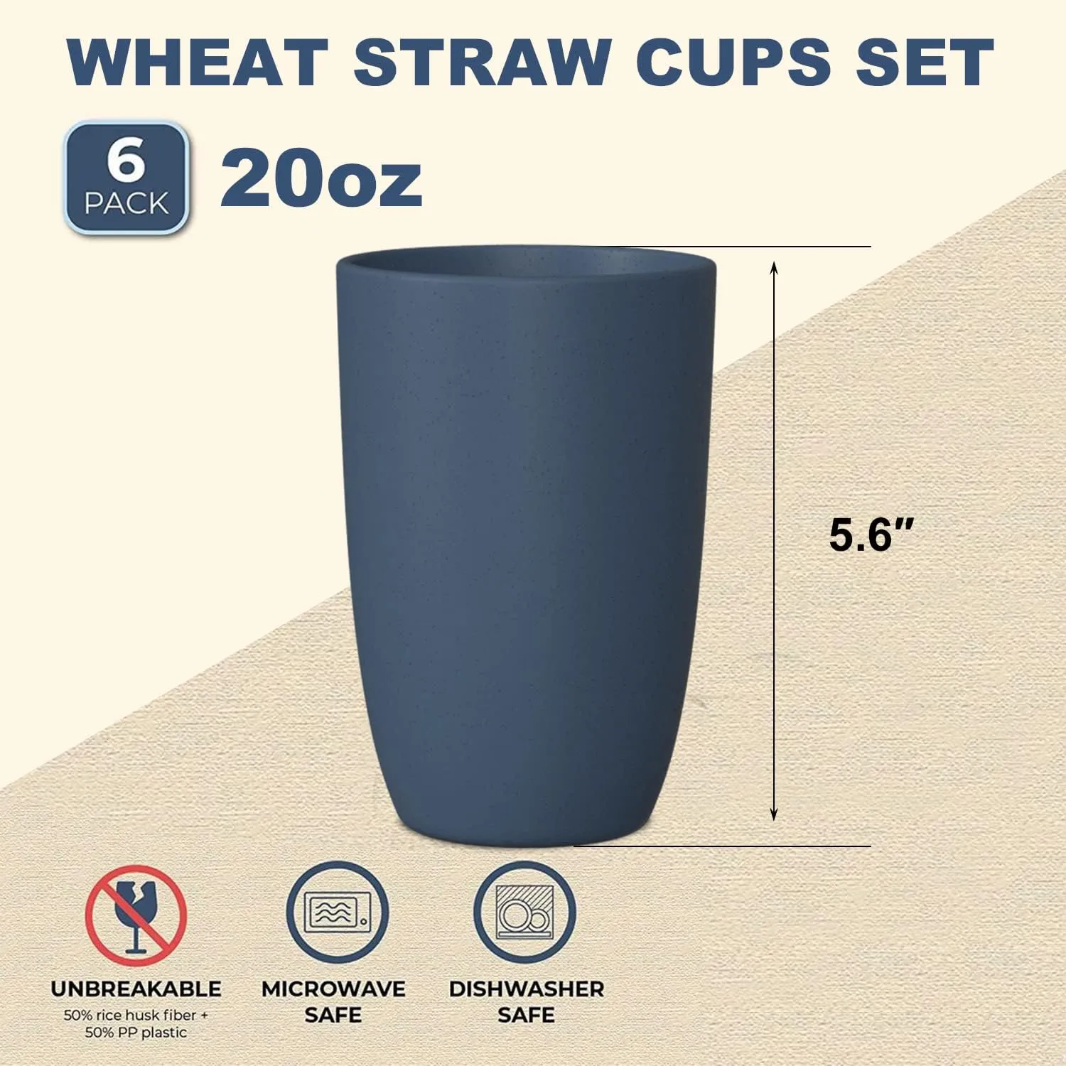 Wheat Straw Cups 6 PCS Good Alternative to Plastic Reusable Cups 20 oz Unbreakable Drinking Cup Reusable Dishwasher Safe Water Plastic Glasses Navy Blue