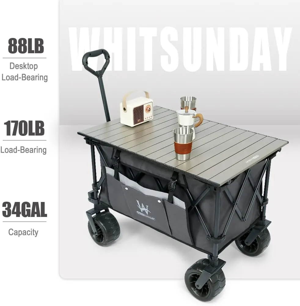 Whitsunday Collasible Wagon, Large Capacity 400Lbs, All-Terrain Wheels Heavy Duty Utility Wagon for Gardening Shopping Fishing Camping Outdoor Picnic Grey