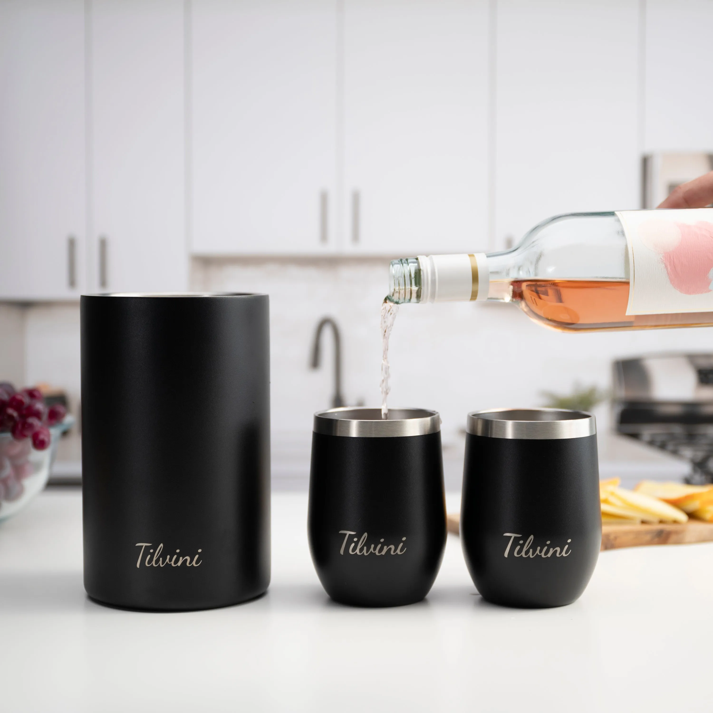 Wine Tumblers & Insulated Wine Bucket Silk Gift Box Set - Black