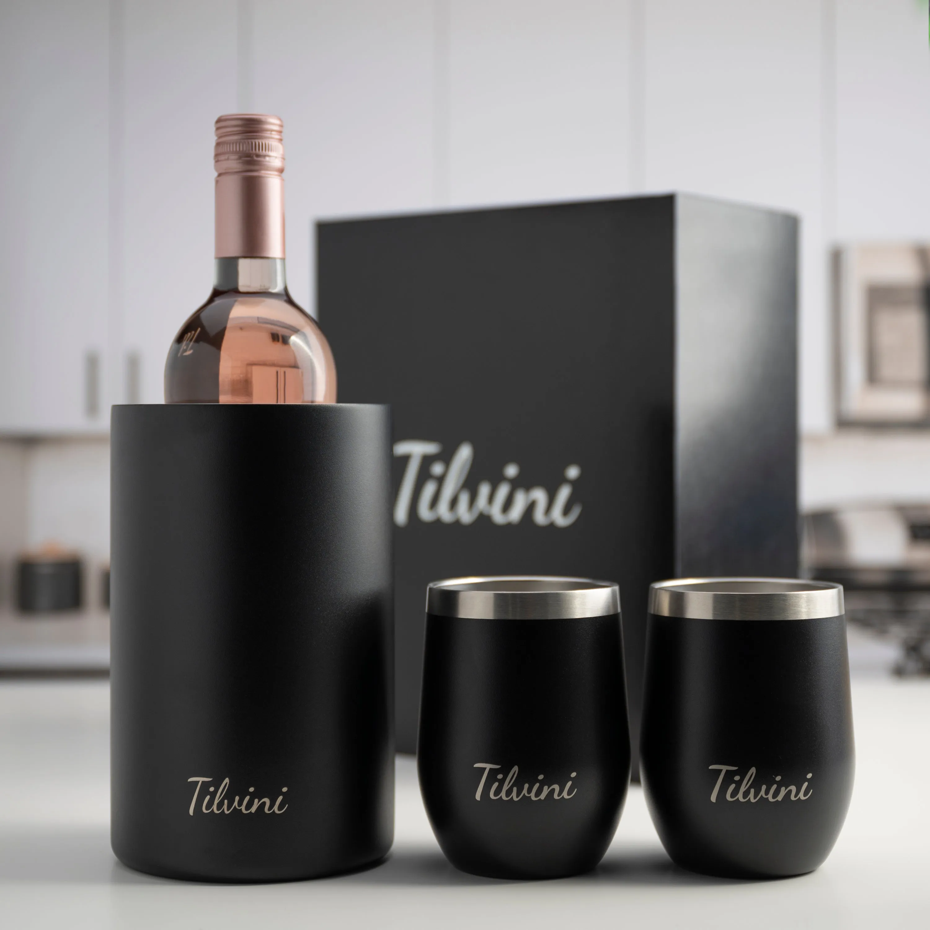 Wine Tumblers & Insulated Wine Bucket Silk Gift Box Set - Black