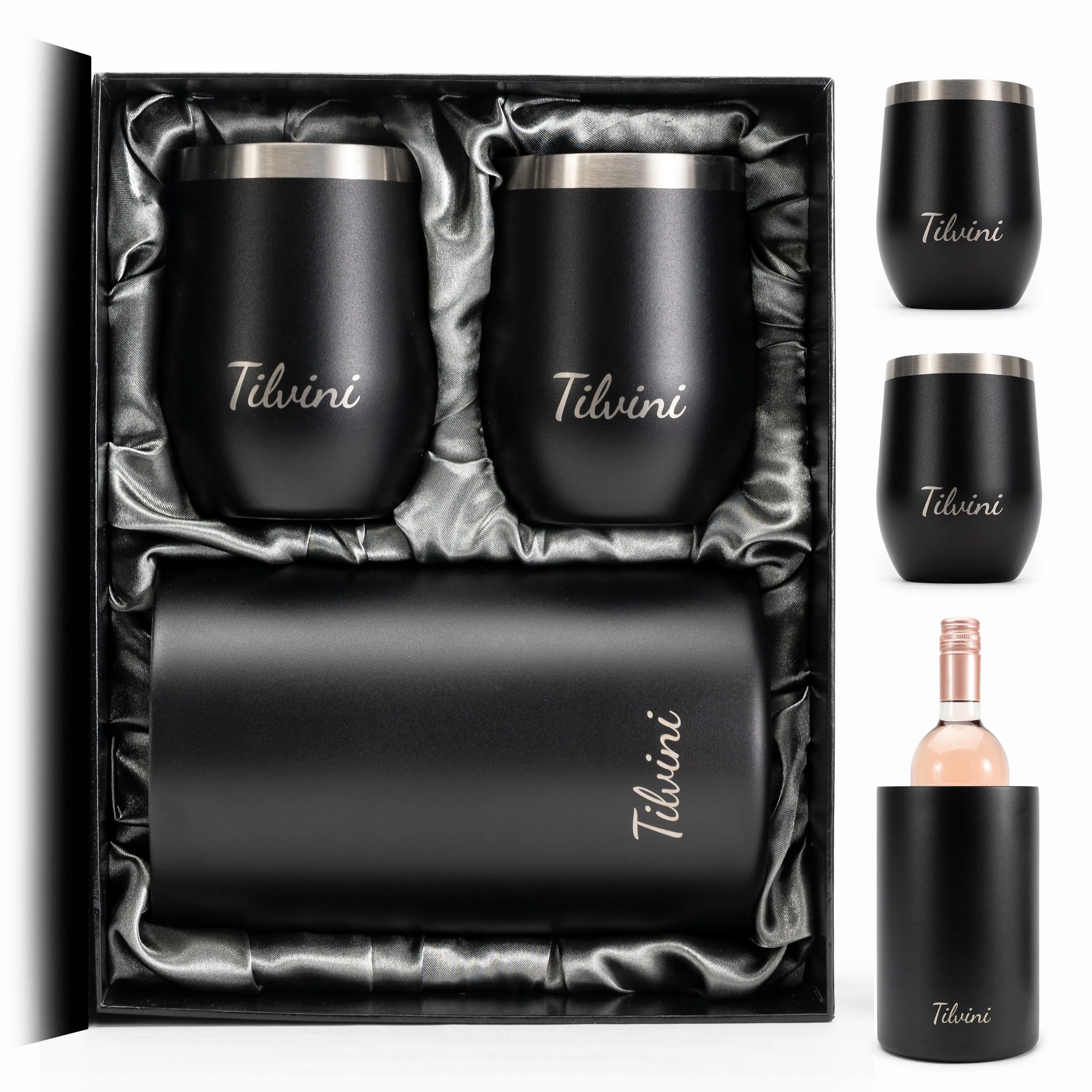 Wine Tumblers & Insulated Wine Bucket Silk Gift Box Set - Black