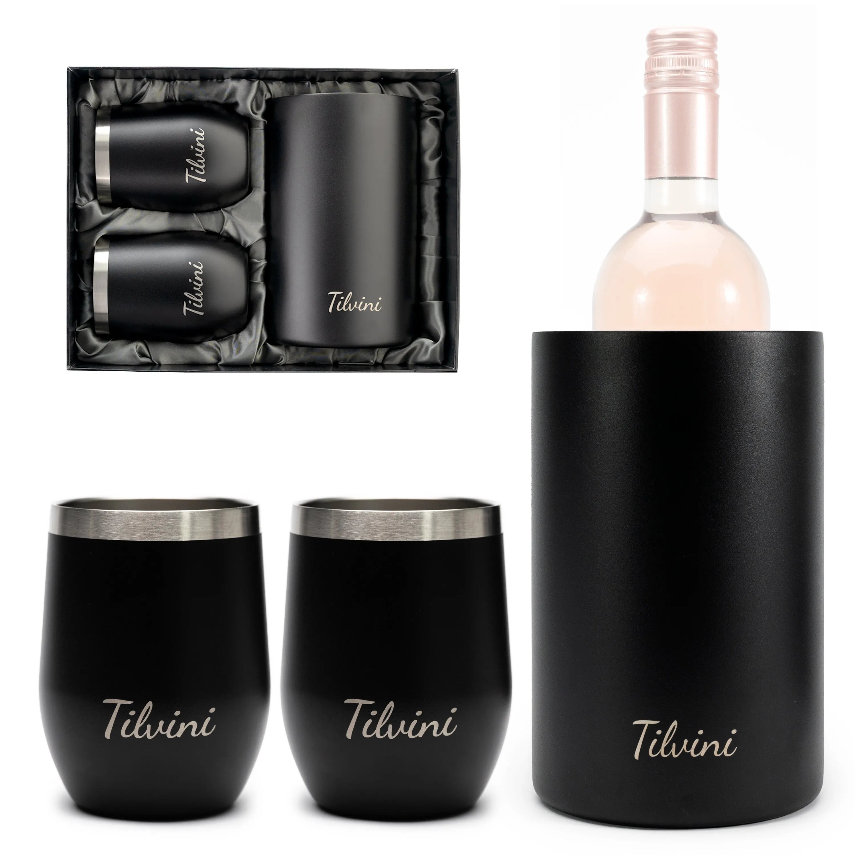 Wine Tumblers & Insulated Wine Bucket Silk Gift Box Set - Black