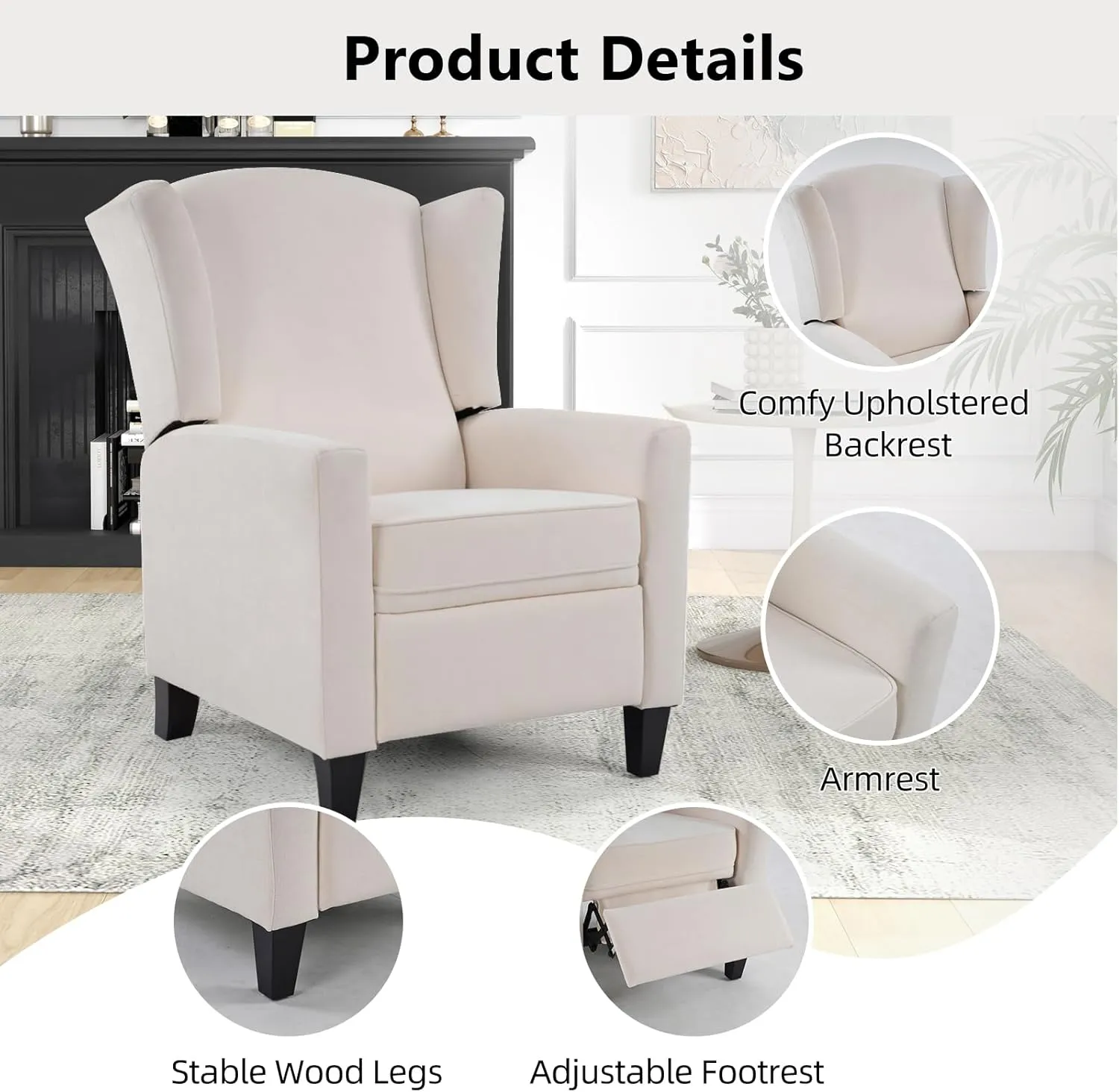 Wingback Pushback Recliner Chair Fabric Lounge Armchair Push Back Single Sofa Chair with Padded Seat Solid Wood Legs for Living Room, Mid Century Modern Recliner (White)