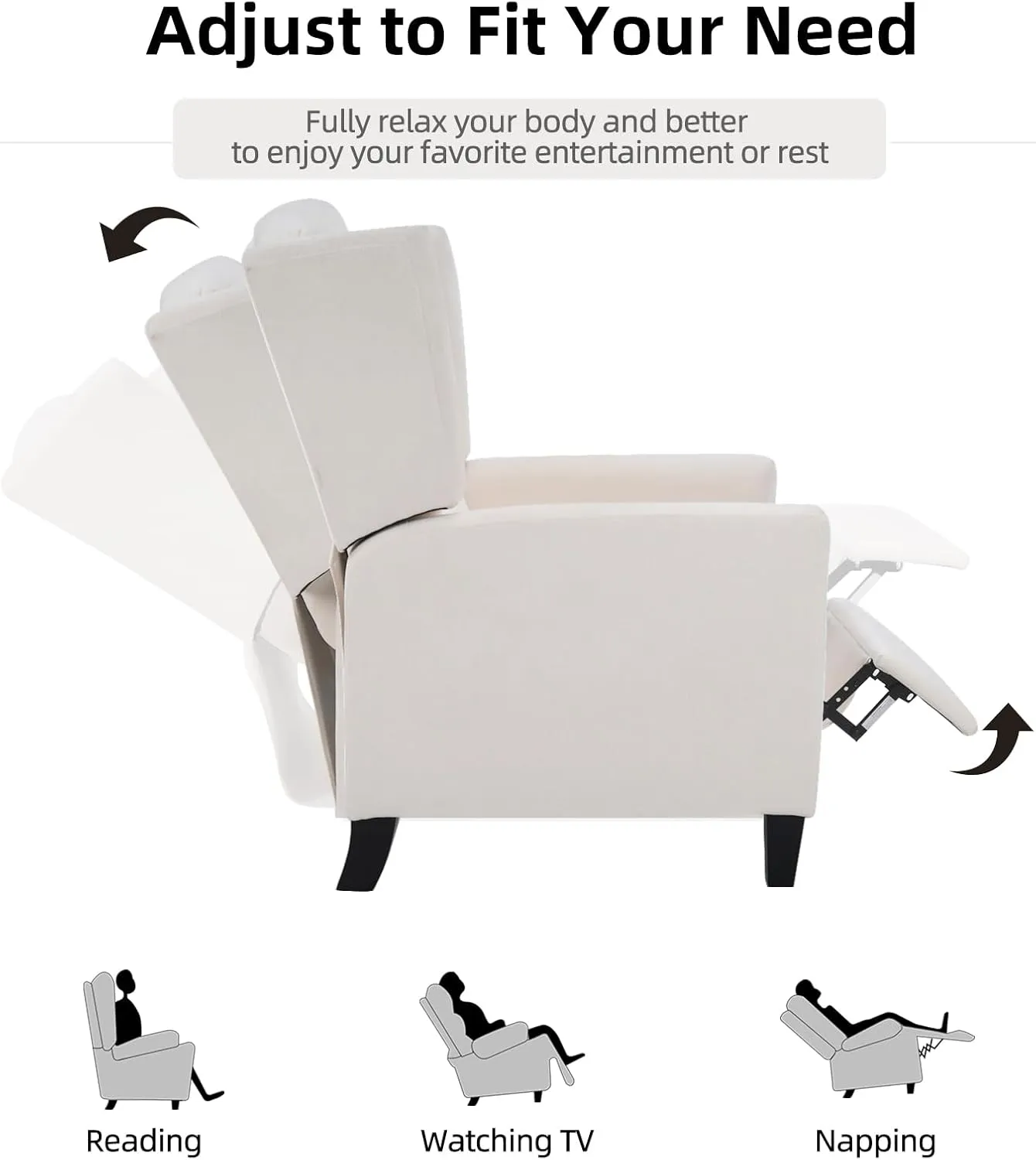 Wingback Pushback Recliner Chair Fabric Lounge Armchair Push Back Single Sofa Chair with Padded Seat Solid Wood Legs for Living Room, Mid Century Modern Recliner (White)