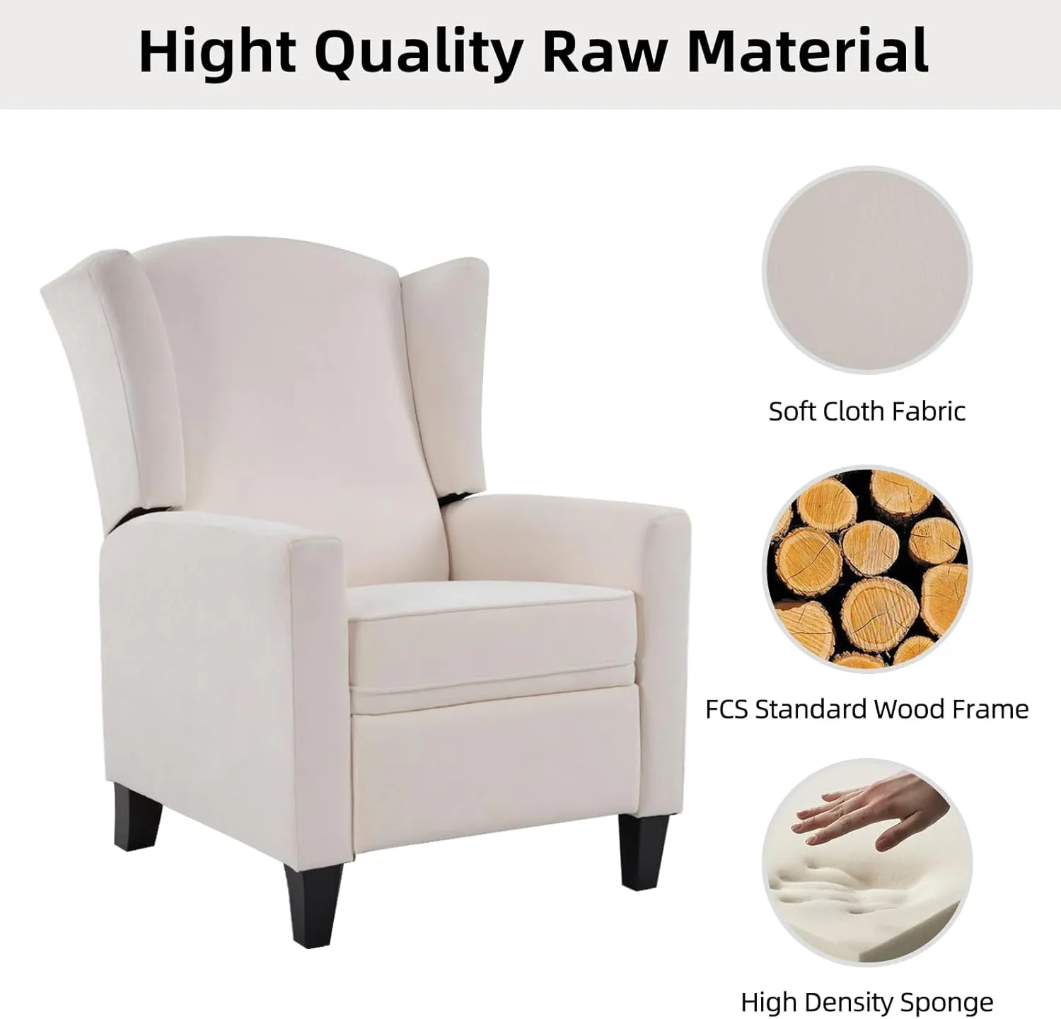 Wingback Pushback Recliner Chair Fabric Lounge Armchair Push Back Single Sofa Chair with Padded Seat Solid Wood Legs for Living Room, Mid Century Modern Recliner (White)