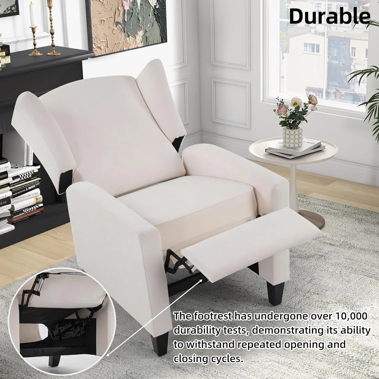 Wingback Pushback Recliner Chair Fabric Lounge Armchair Push Back Single Sofa Chair with Padded Seat Solid Wood Legs for Living Room, Mid Century Modern Recliner (White)
